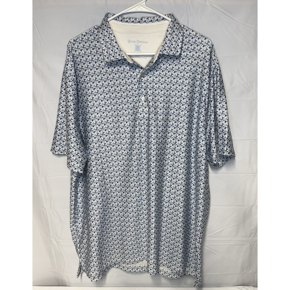 Hickey Freeman Golf Polo Mens XL Tall Blue White Martini Glass Pattern Stretch